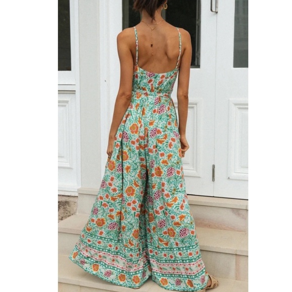 Boho Green Floral Print Wide Leg Belted Jumpsuit - Picture 2 of 6
